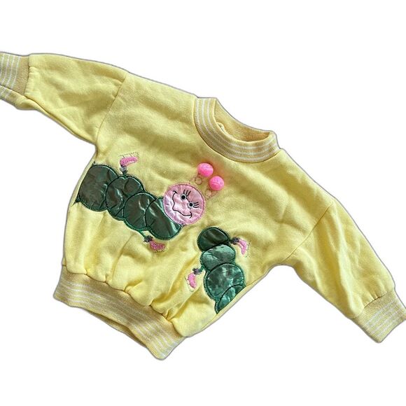 Vintage 90s Baby Sweatshirt Yellow Ice Skates Caterpillar Embroidered 12 months - Picture 1 of 5